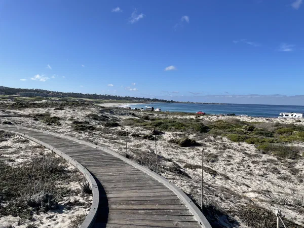 A wooden boardwalk curves through coastal dunes toward the Pacific Ocean.