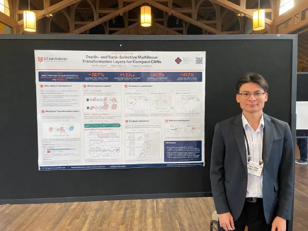 Van Tien Nguyen standing beside the multilinear transformation layers research poster.